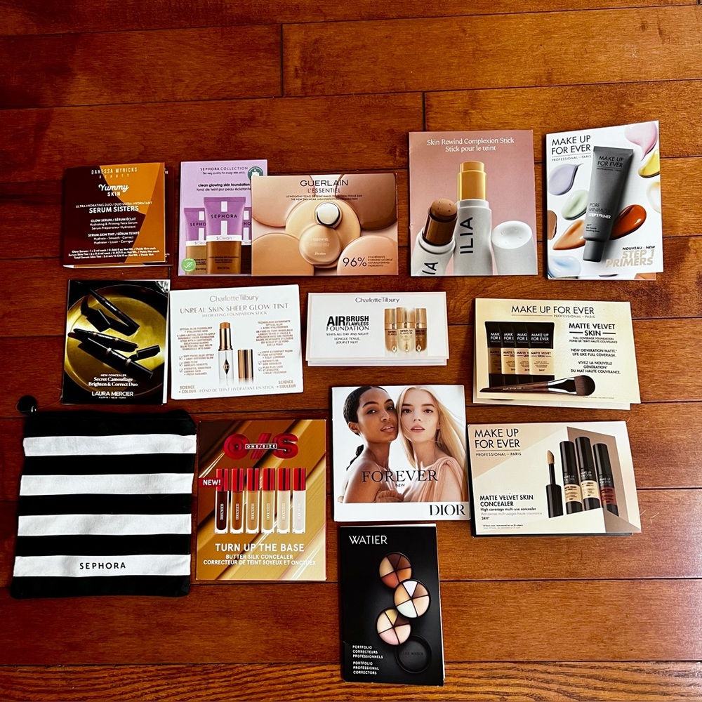 Lot of 13 Foundation/Primer Cards Inside Sephora Cosmetic Bag